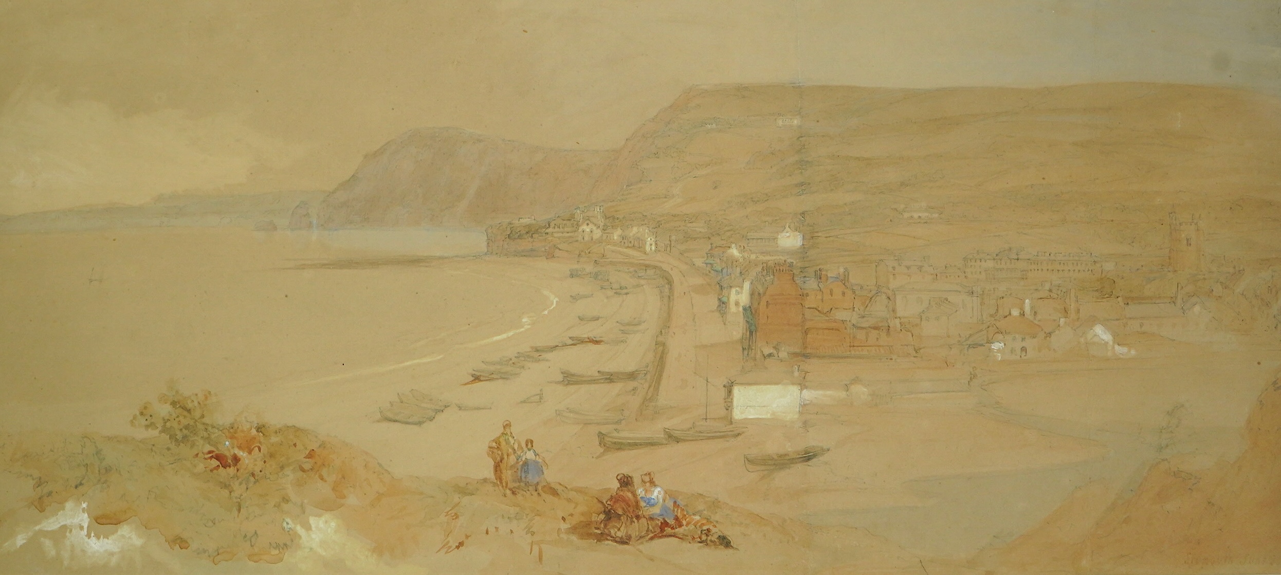 Follower of David Roberts, watercolour, ‘Sidmouth’, bears inscription and date, label verso, 25 x 54cm. Condition - fair